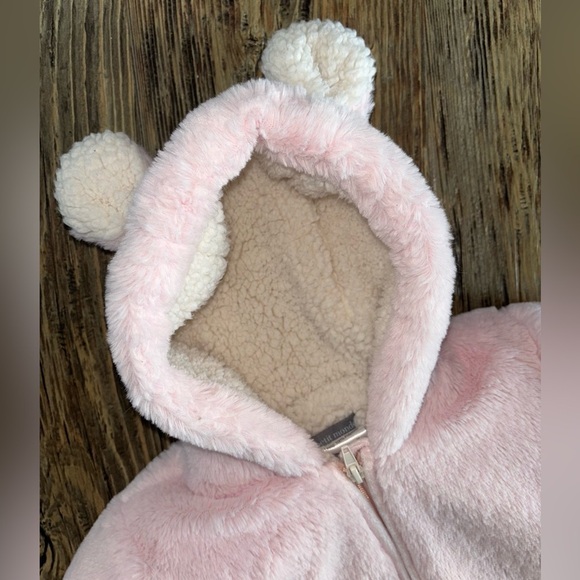 Petit Monde Hooded (w/Ears) Baby Bunting Pink Sherpa Lined 0-3 Mos Winter Gear - Picture 8 of 8